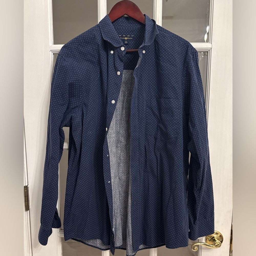 CLUB ROOM Men’s Navy Blue Polkadot Long Sleeve Button Down Shirt Size XL